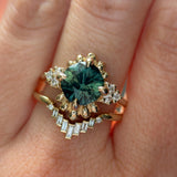 3.10ct Cushion Cut Untreated Umba Teal Green Sapphire Scalloped Diamond Cluster Ring in 14k Yellow Gold