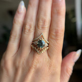 3.10ct Cushion Cut Untreated Umba Teal Green Sapphire Scalloped Diamond Cluster Ring in 14k Yellow Gold