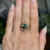 3.10ct Cushion Cut Untreated Umba Teal Green Sapphire Scalloped Diamond Cluster Ring in 14k Yellow Gold