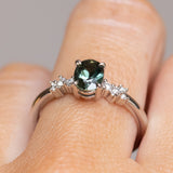 0.96ct Oval Parti Teal Sapphire and Diamond Starry Night Low Profile Solitaire in 14k White Gold