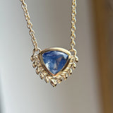 2.54ct Untreated Sri Lankan Trillion Sapphire Vine Frame Necklace in 14k Yellow Gold