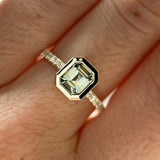 1.14ct Emerald Cut Parti Montana Sapphire Low Profile Bezel Solitaire Ring with Pavé Set Diamonds in 14k Green Gold