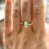1.14ct Emerald Cut Parti Montana Sapphire Low Profile Bezel Solitaire Ring with Pavé Set Diamonds in 14k Green Gold