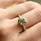 1.14ct Emerald Cut Parti Montana Sapphire Low Profile Bezel Solitaire Ring with Pavé Set Diamonds in 14k Green Gold