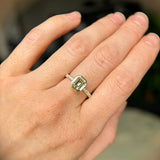1.14ct Emerald Cut Parti Montana Sapphire Low Profile Bezel Solitaire Ring with Pavé Set Diamonds in 14k Green Gold