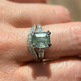 3.84ct Emerald Cut Unheated Light Aqua Blue Montana Sapphire Double Claw Prong Low Profile Milgrain and Diamond Vintage Cathedral Wedding Set in Platinum
