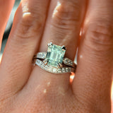 3.84ct Emerald Cut Unheated Light Aqua Blue Montana Sapphire Double Claw Prong Low Profile Milgrain and Diamond Vintage Cathedral Wedding Set in Platinum