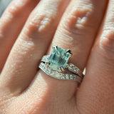 3.84ct Emerald Cut Unheated Light Aqua Blue Montana Sapphire Double Claw Prong Low Profile Milgrain and Diamond Vintage Cathedral Wedding Set in Platinum