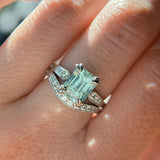 3.84ct Emerald Cut Unheated Light Aqua Blue Montana Sapphire Double Claw Prong Low Profile Milgrain and Diamond Vintage Cathedral Wedding Set in Platinum