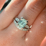 3.84ct Emerald Cut Unheated Light Aqua Blue Montana Sapphire Double Claw Prong Low Profile Milgrain and Diamond Vintage Cathedral Wedding Set in Platinum