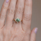 Teal Moissanite and Diamond Asymmetrical Cluster Ring in 14k Yellow Gold