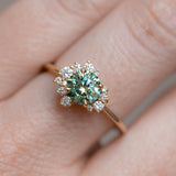 Teal Moissanite and Diamond Asymmetrical Cluster Ring in 14k Yellow Gold