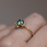 Teal Moissanite and Diamond Asymmetrical Cluster Ring in 14k Yellow Gold