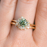 Teal Moissanite and Diamond Asymmetrical Cluster Ring in 14k Yellow Gold