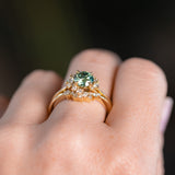 Teal Moissanite and Diamond Asymmetrical Cluster Ring in 14k Yellow Gold