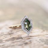 2.17ct Elongated Madagascar Teal Green Sapphire Bezel Set Diamond Halo Ring in Two-tone Platinum and Yellow Gold
