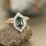 2.17ct Elongated Madagascar Teal Green Sapphire Bezel Set Diamond Halo Ring in Two-tone Platinum and Yellow Gold