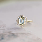 2.17ct Minty Madagascar Elongated Hexagon Sapphire Bezel Set Diamond Halo Ring in Green Gold