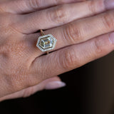 2.17ct Minty Madagascar Elongated Hexagon Sapphire Bezel Set Diamond Halo Ring in Green Gold