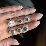 2.17ct Elongated Madagascar Teal Green Sapphire Bezel Set Diamond Halo Ring in Two-tone Platinum and Yellow Gold