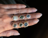 2.17ct Elongated Madagascar Teal Green Sapphire Bezel Set Diamond Halo Ring in Two-tone Platinum and Yellow Gold