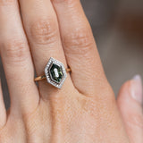 2.17ct Elongated Madagascar Teal Green Sapphire Bezel Set Diamond Halo Ring in Two-tone Platinum and Yellow Gold