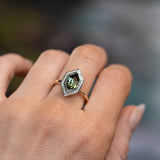 2.17ct Elongated Madagascar Teal Green Sapphire Bezel Set Diamond Halo Ring in Two-tone Platinum and Yellow Gold