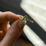 1.85ct Parti Australian Fantasy Cut Sapphire and White Australian Kite Sapphire Antique Milgrain Three Stone Low Profile Ring in 18k Yellow Gold