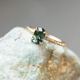 1.10ct Deep Teal Madagascar Sapphire Evergreen Carved 4 Prong Solitaire in 14k Yellow Gold