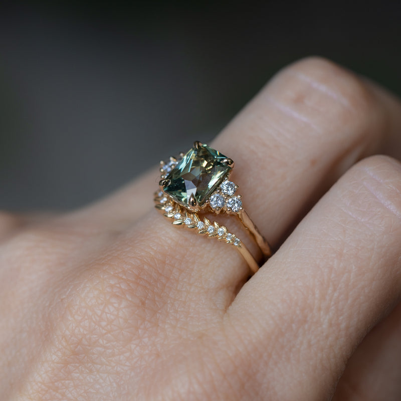 3.59ct Olive Green-Grey Untreated Radiant Cut Sapphire and Diamond Cluster Evergreen Ring in 14k Yellow Gold