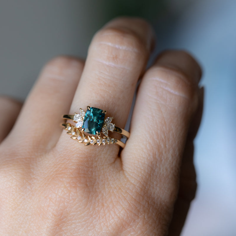 1.67ct Radiant Cut Deep Teal Blue Montana Sapphire and Lab Grown Marquise Diamond Cluster Ring in 14k Yellow Gold
