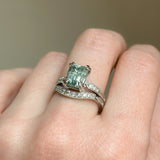 3.84ct Emerald Cut Unheated Light Aqua Blue Montana Sapphire Double Claw Prong Low Profile Milgrain and Diamond Vintage Cathedral Wedding Set in Platinum