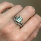 3.84ct Emerald Cut Unheated Light Aqua Blue Montana Sapphire Double Claw Prong Low Profile Milgrain and Diamond Vintage Cathedral Wedding Set in Platinum