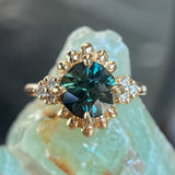 3.10ct Cushion Cut Untreated Umba Teal Green Sapphire Scalloped Diamond Cluster Ring in 14k Yellow Gold