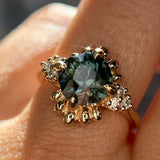 3.10ct Cushion Cut Untreated Umba Teal Green Sapphire Scalloped Diamond Cluster Ring in 14k Yellow Gold