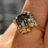 3.10ct Cushion Cut Untreated Umba Teal Green Sapphire Scalloped Diamond Cluster Ring in 14k Yellow Gold