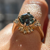 3.10ct Cushion Cut Untreated Umba Teal Green Sapphire Scalloped Diamond Cluster Ring in 14k Yellow Gold