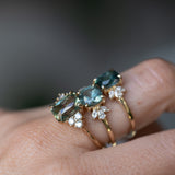 3.59ct Olive Green-Grey Untreated Radiant Cut Sapphire and Diamond Cluster Evergreen Ring in 14k Yellow Gold