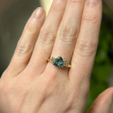 2.17ct Trillion Teal Blue Untreated Montana Sapphire and Antique Diamond Mountainscape Ring in 18k Yellow Gold