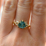2.17ct Trillion Teal Blue Untreated Montana Sapphire and Antique Diamond Mountainscape Ring in 18k Yellow Gold