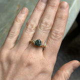 2.17ct Trillion Teal Blue Untreated Montana Sapphire and Antique Diamond Mountainscape Ring in 18k Yellow Gold
