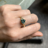 2.17ct Trillion Teal Blue Untreated Montana Sapphire and Antique Diamond Mountainscape Ring in 18k Yellow Gold