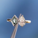 GIA 1.0ct Natural Pear Diamond and Geo Montana Sapphire Two Tone Toi Et Moi Ring in 18k Yellow Gold and Platinum