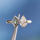 GIA 1.0ct Natural Pear Diamond and Geo Montana Sapphire Two Tone Toi Et Moi Ring in 18k Yellow Gold and Platinum