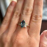 1.85ct Ocean Blue Marquise Madagascar Sapphire in Wandering Vine Low Profile 4 Prong Setting with Diamonds in 14k Yellow Gold