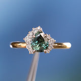 1.57ct Pear Deep Teal Green-Blue Sapphire and Diamond Asymmetrical Cluster Ring in Two Tone 18k Yellow and Platinum