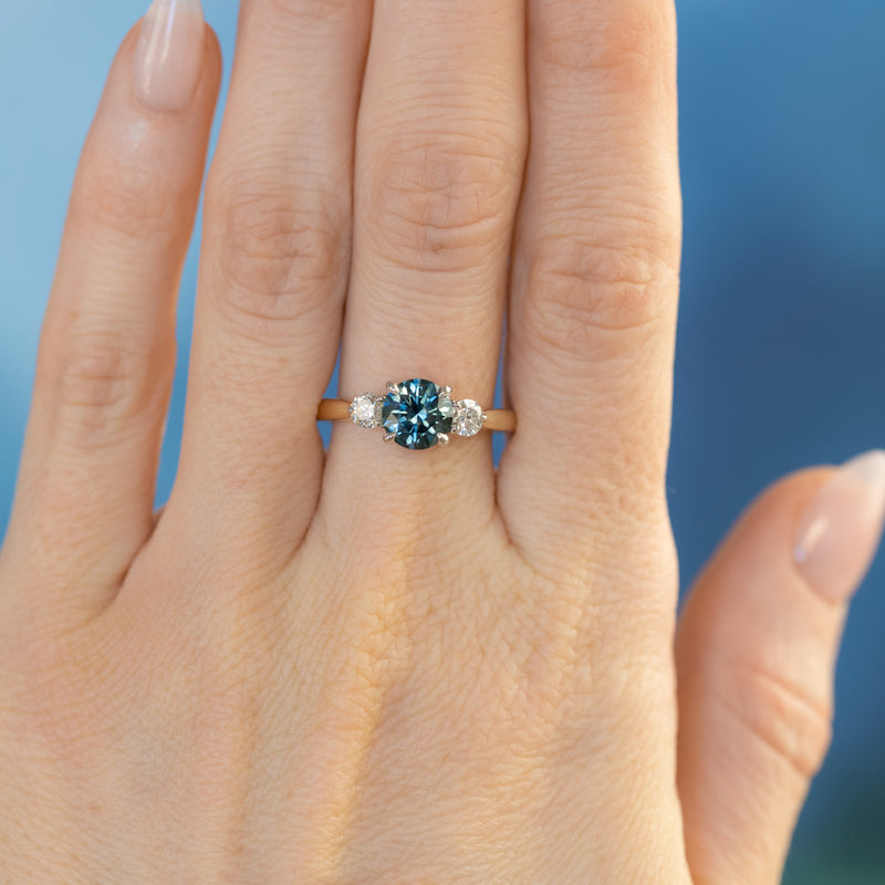 1.57ct Ocean Blue Round Montana Sapphire and Lab Diamond Three Stone Ring in Two Tone Gold