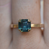 2.33ct Teal Cushion Cut Sapphire Low Profile Tri-Band "Three Winds" Double Prong Tapered Solitaire in 14k Yellow Gold