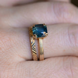 2.33ct Teal Cushion Cut Sapphire Low Profile Tri-Band "Three Winds" Double Prong Tapered Solitaire in 14k Yellow Gold