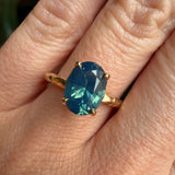 1.92ct Silky Teal Oval Nigerian Sapphire Evergreen Carved Solitaire in 14k Yellow Gold